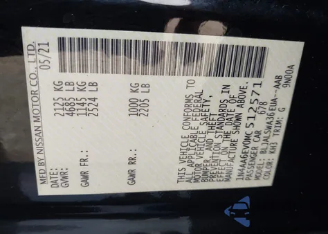 2021 Nissan Maxima Sr Xtronic Cvt from USA, damaged, VIN 1N4AA6EV0MC512571